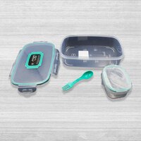 MULTIPURPOSE AIR TIGHT 4 SIDE LOCK FOOD GRADE LUNCH BOX WITH SMALL SQUARE CONTAINER AND SPOON (5896)