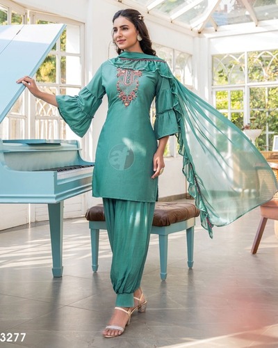 Bamber Silk Kurti - Silk, M-38 to 3XL-46, Teal Color | Comfortable Fit, Elegant Design, Beaded Embroidery, Knee Length, 3/4 Sleeve