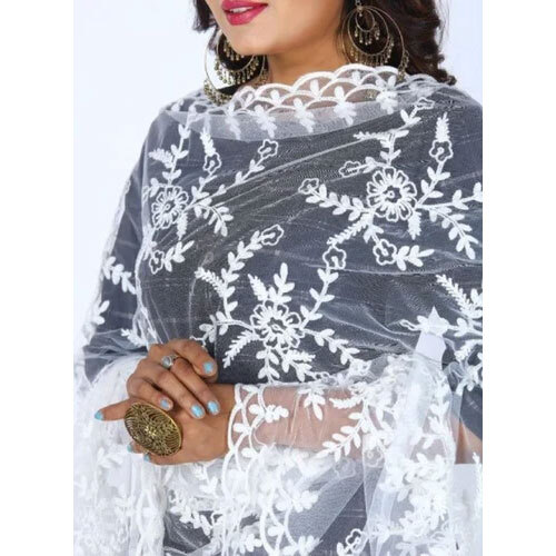 Ladies White Net Dupatta - White Net Fabric, Customizable Size | Intricate Embroidery, Lightweight, Washable, Perfect for Weddings and Festivals