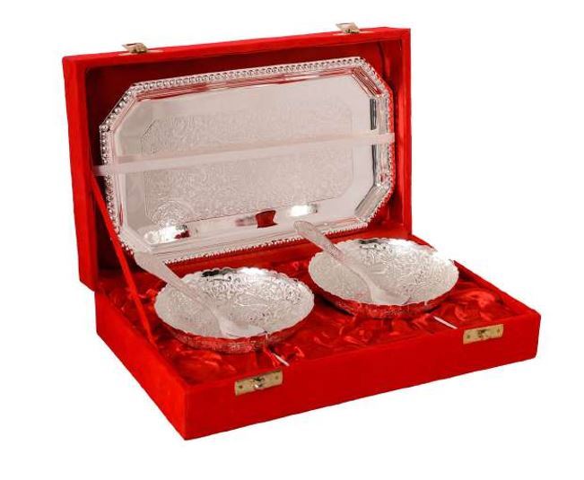 SSILVER BOWL SET GOLD PLATTED WITH TRAY