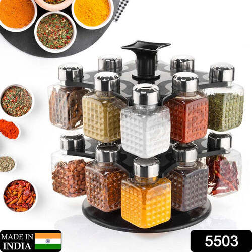 ALL NEW SQUARE 16 BOTTLE DESIGN 360 DEGREE REVOLVING SPICE RACK CONTAINER CONDIMENT PIECES SET SQUARE SMALL CONTAINER (5503)