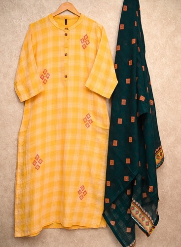thread work kurta and printed duptta