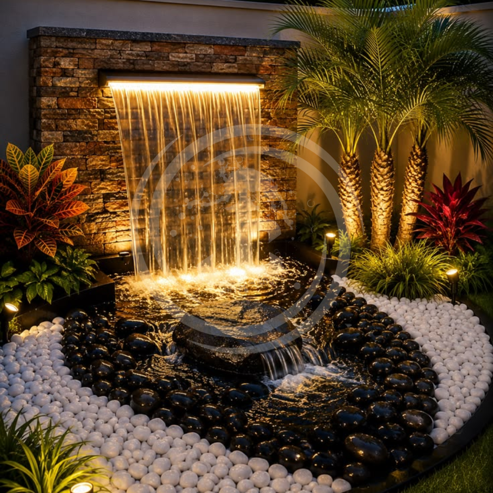 Cascade Wall Fountain in FRP - 6'H x 4'W, RGB LED Lighting, Waterproof Electrical Wiring, Durable FRP, Submersible Pump, Outdoor Water Feature
