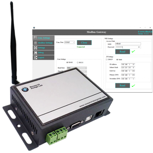 Serial RS232 to Ethernet / WiFi Gateway