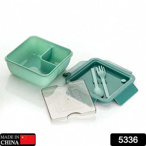 LUNCH BOX FOOD GRADE PLASTIC 2 COMPARTMENT CONTAINERS WITH SPOON AND FORK (5336)