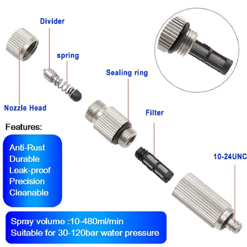 High Pressure Fog Mist Nozzles - Brass & Aluminum Alloy, Standard Size | Efficient for Cooling, Humidifying, Dust Suppression & Odor Control