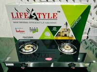 Crystal Black Two Burner Gas Stove - 7mm Thick Toughened Glass, 4mm Thick Pan Support, Tri Pin Fuel Efficiency Burner