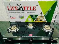 Three Burner Glass Stove - 7mm Thick Toughened Glass, 4mm Thick Pan Supports, Tri-pin Fuel Efficiency Burner, Black Glass Design