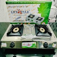 Green Label Gas Stoves Classic - Stainless Steel Double Burner Gas Stove , Aluminium Mixing Tube, Black Powder Coated Sheet Pan Support, Brass Burner