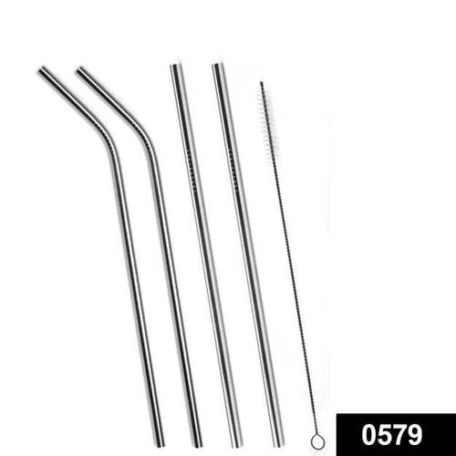 SET OF 4 STAINLESS STEEL STRAWS AND BRUSH (2 STRAIGHT STRAWS 2 BENT STRAWS 1 BRUSH) 0579