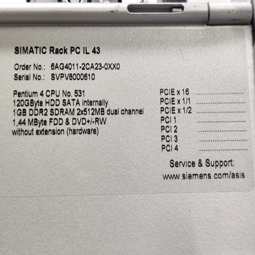 SIEMENS SIMATIC 6AG4011-2CA23-0XX0 RACK PC IL 43