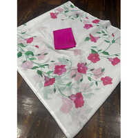 White And Pink Ladies Cotton Linen Printed Sarees
