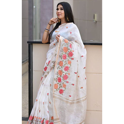 Ladies Cotton Linen With Gold Jari Patta Sarees