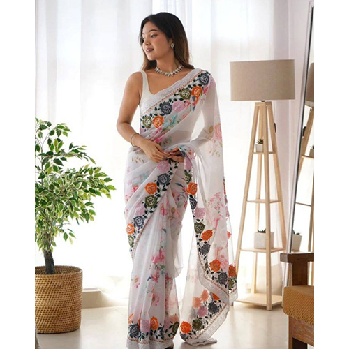 Ladies Georgette Print With Multi Threads Sequence Embroidered Work Sarees