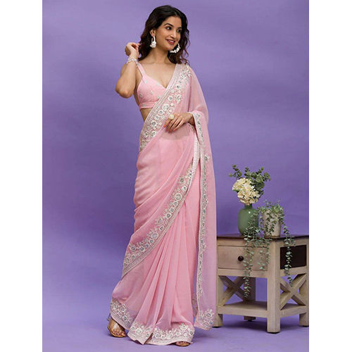Ladies Cotton Thread Sequence Embroidery Cut Work Saree