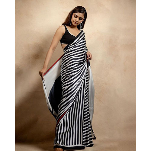 White And Black Ladies Japan Satin Fabric With Digital Print Sarees