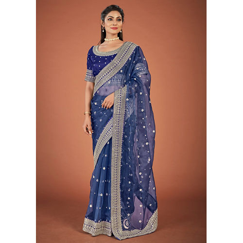 Blue Ladies Heavy Lace Border Organza Sarees