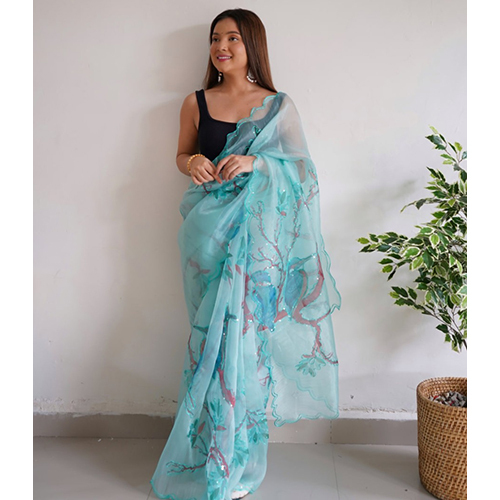 Ladies Organza Digital Printed With Arco Cut Work Sarees
