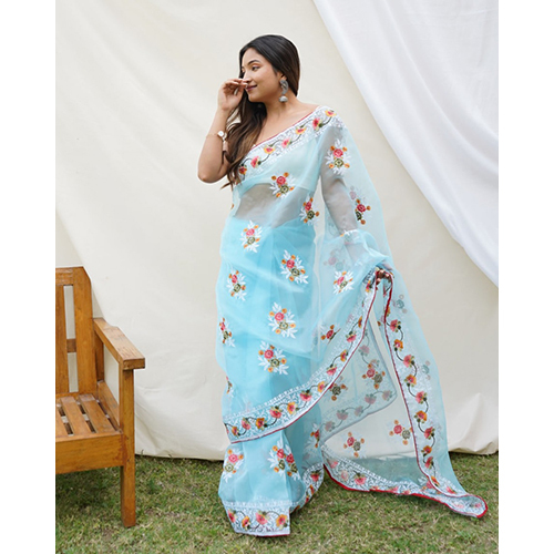 Ladies Organza Embroidery Work with Piping Border Sarees