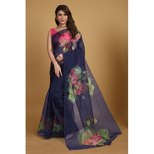 Ladies Printed Organza Handwork Sarees