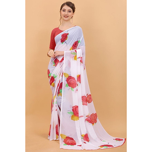 Ladies Soft Georgette Elegant Digital Print Saree - Color: White