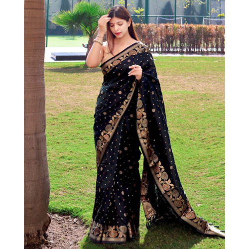 Black Ladies Soft Silk Sarees With Gold Zari Work