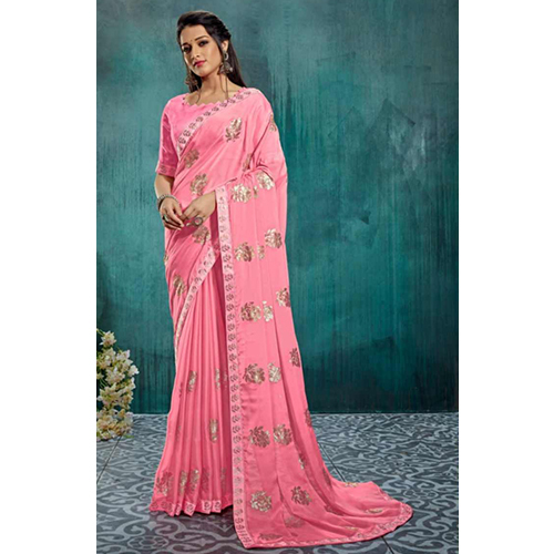 Ladies Silk Fabric Saree With Matt Sequence Embroidery Work