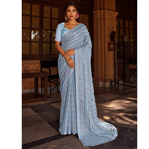 Ladies Mose Chiffon Fabric Saree With Multicolor Sequence Embroidery Work