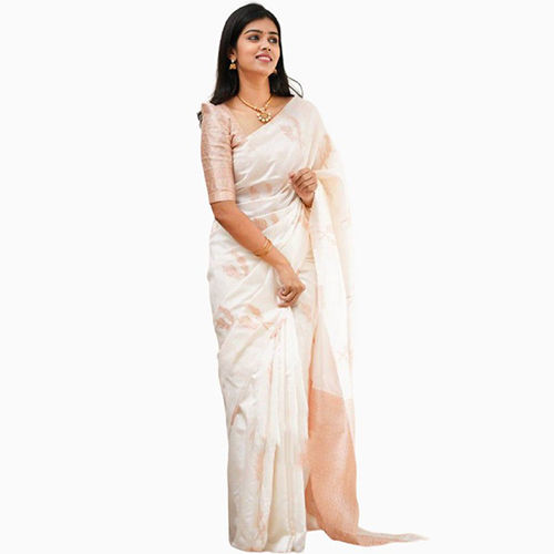 Party Wear Ladies Rvr White Soft Lichi Silk Saree