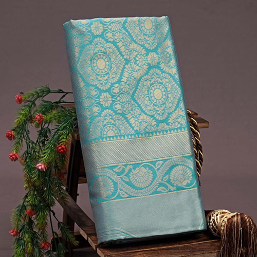 Ladies RVR Sky Soft Lichi Silk Saree With Jacquard Border