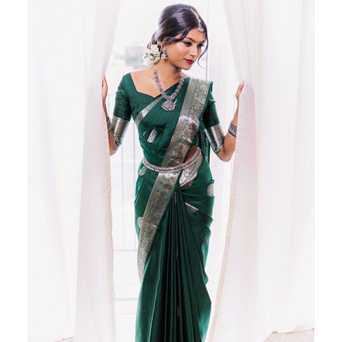 Party Wear Ladies Rvr Silver Green Soft Lichi Silk Saree With Jacquard Border