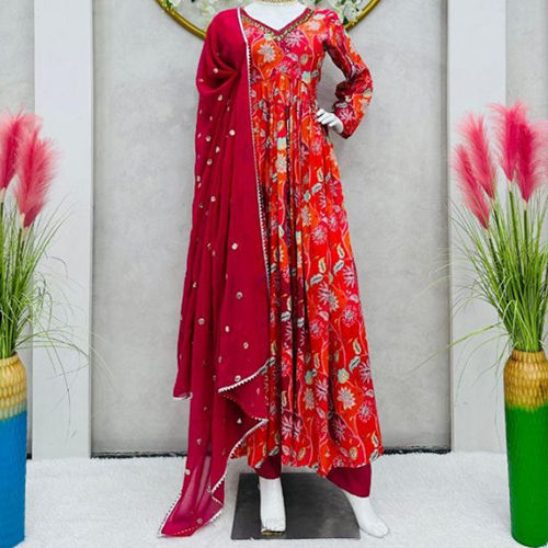 Red Ladies Chinon Silk Fabric Suit