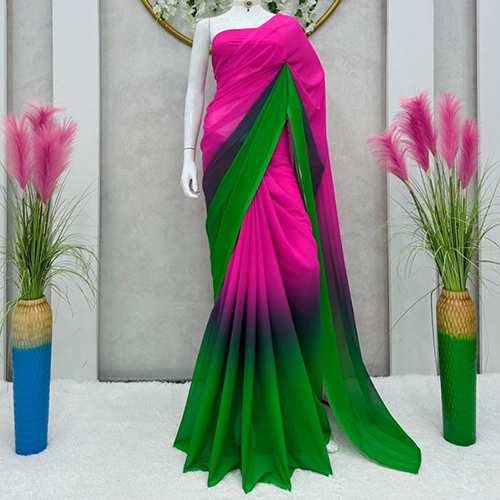Ladies Pink And Green Satin Fabric Saree With Digital Print