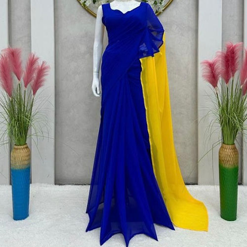 Multicolor Ladies Blue And Yellow Georgette Saree