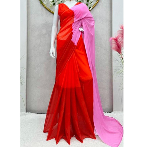 Ladies Red and Pink Georgette Fabric Saree With Inner