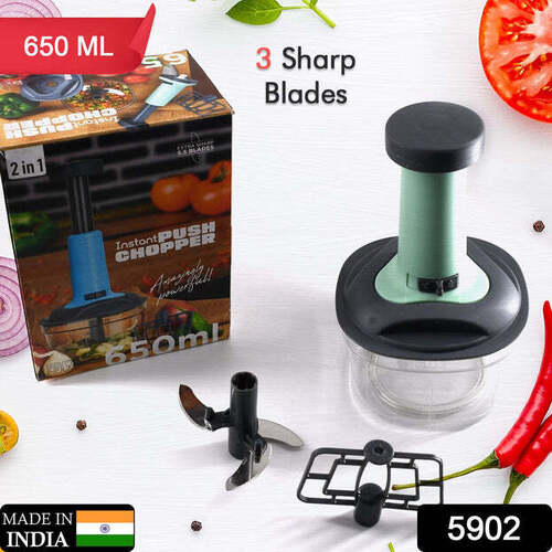 PUSH CHOPPER MANUAL FOOD CHOPPER AND HAND PUSH VEGETABLE CHOPPER CUTTER MIXER SET FOR KITCHEN WITH 3 STAINLESS STEEL BLADE (5902)