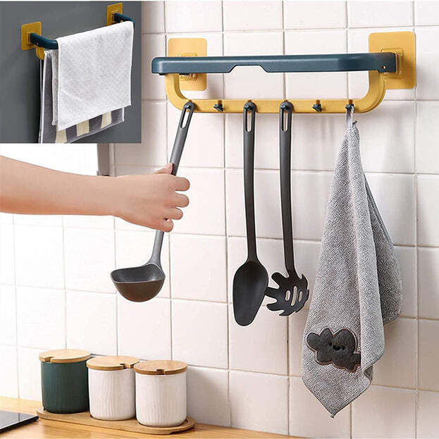 WALL MOUNTED DOUBLE BAR TOWEL HOLDER WITH HOOKS MULTIFUNCTIONAL ADJUSTABLE TOWELS RACK FOR KITCHEN BATHROOM FOLDING TOWEL SHELF