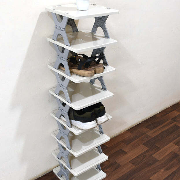 SMART SHOE RACK WITH 8 LAYER SHOES STAND MULTIFUNCTIONAL ENTRYWAY FOLDABLE AND COLLAPSIBLE DOOR SHOE RACK FREE STANDING HEAVY DUTY PLASTIC SHOE SHELF STORAGE ORGANIZER NARROW FOOTWEAR HOME (9098)