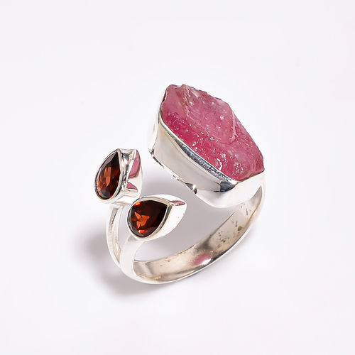 Natural Rough and Cut Gemstone 925 Silver Ring