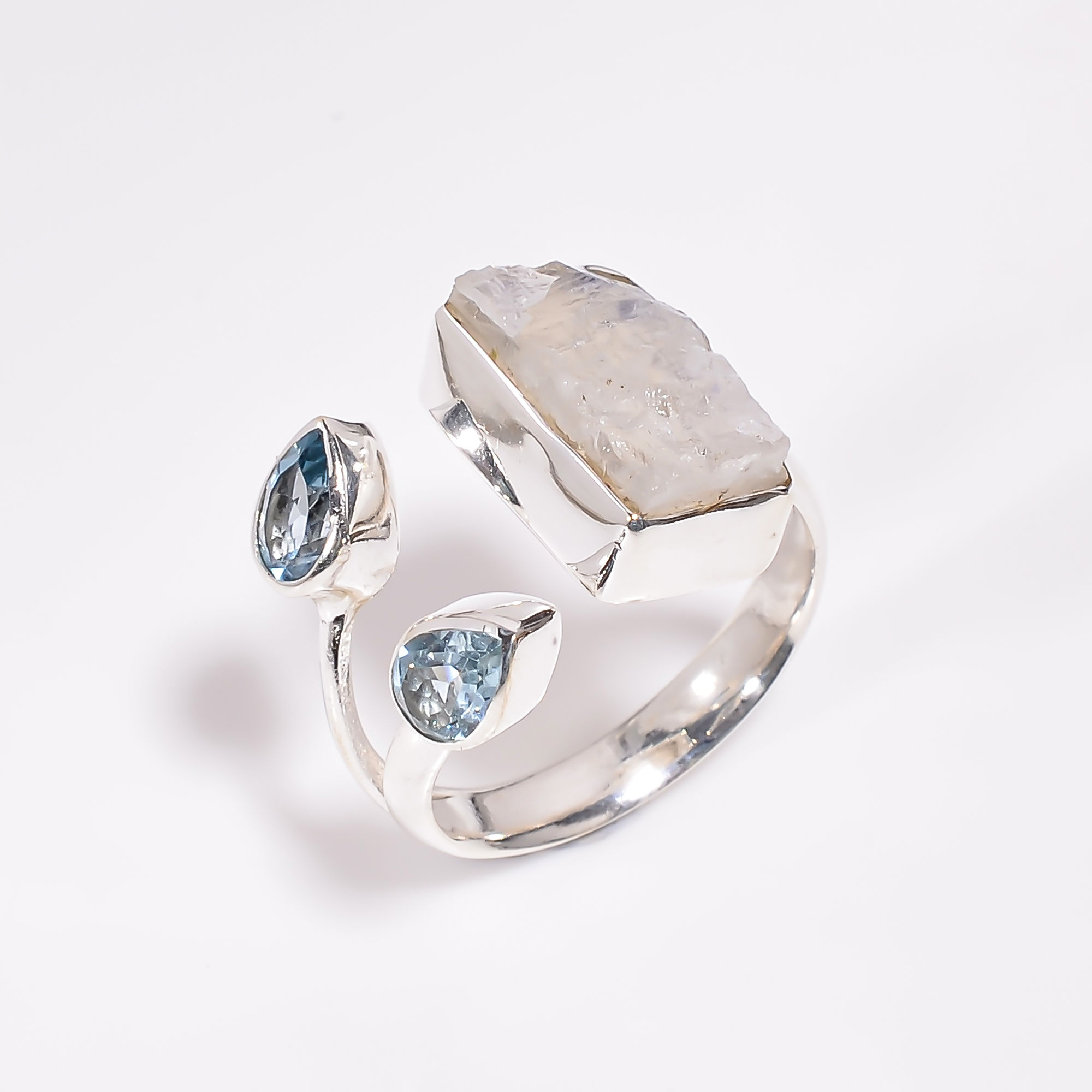 Natural Rough and Cut Gemstone 925 Silver Ring