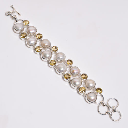 Pearl Gemstone 925 Sterling Silver Statement Bracelet