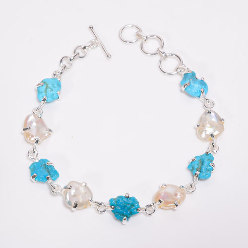 Natural Raw Arizona Turquoise Baroque Pearl Gemstone 925 Sterling Silver Bracelet