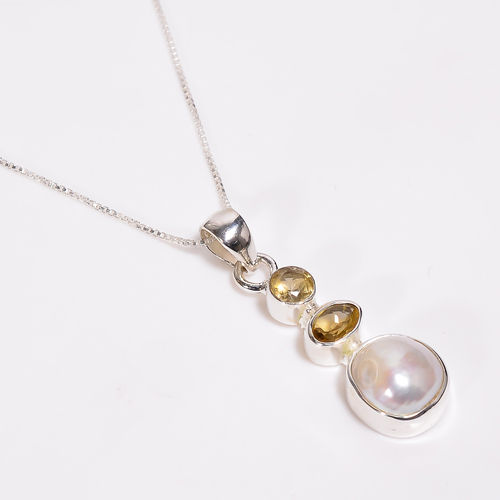 Baroque Pearl Gemstone 925 Sterling Silver Pendant With Box Chain