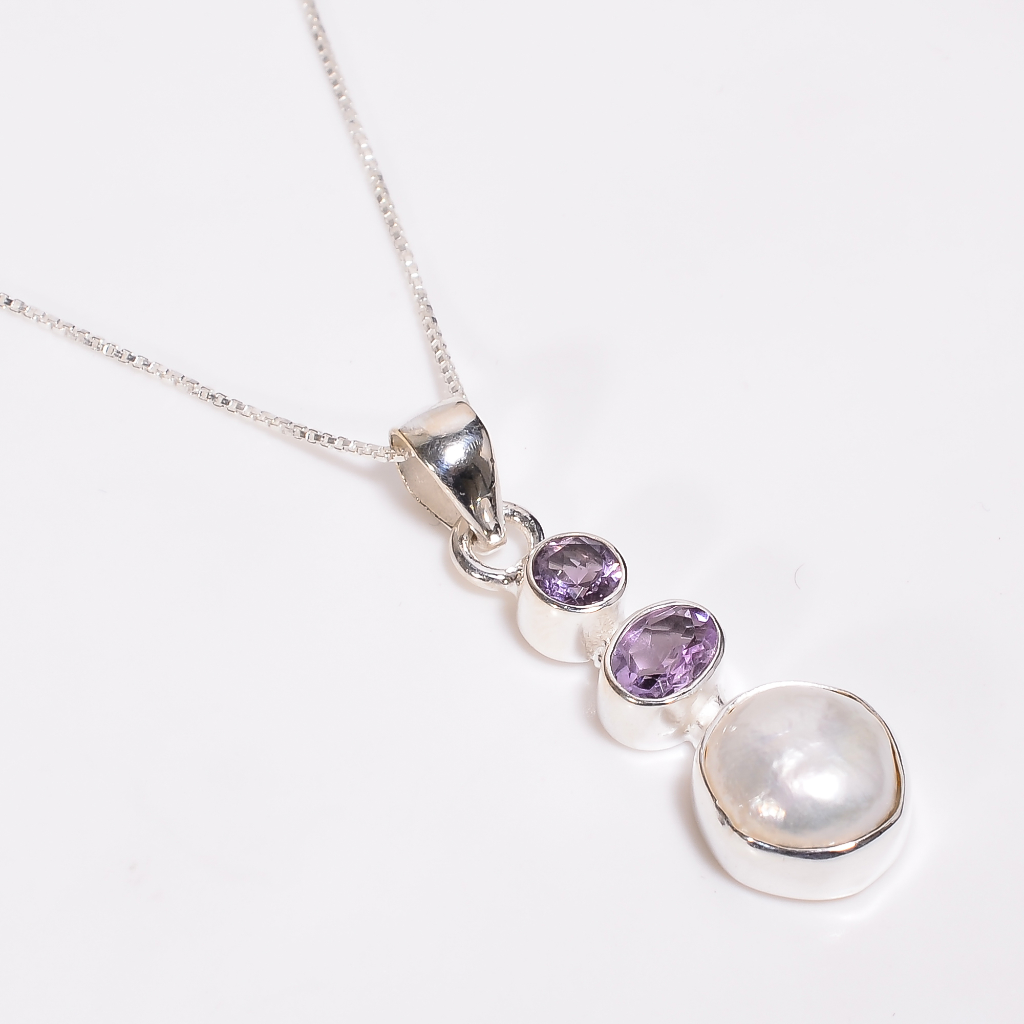 Baroque Pearl Gemstone 925 Sterling Silver Pendant With Box Chain