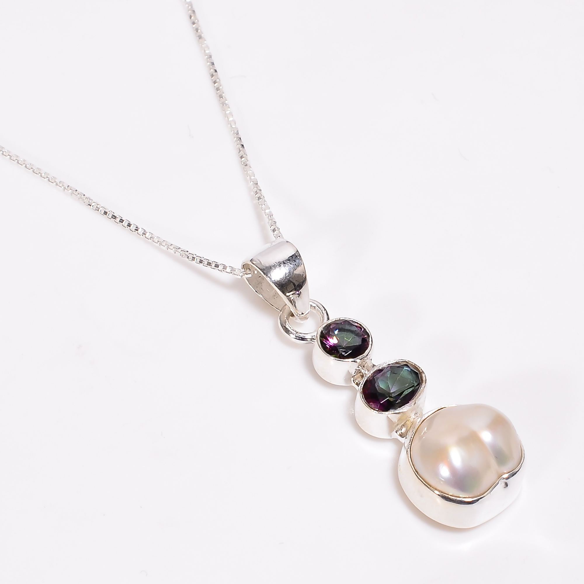 Baroque Pearl Gemstone 925 Sterling Silver Pendant With Box Chain