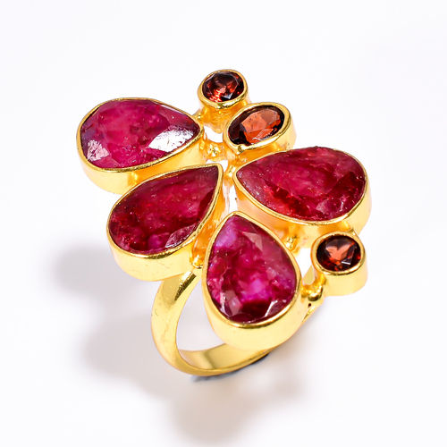 Ruby Garnet Cut Gemstone Silver Gold Plated Ring