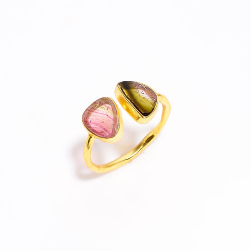 Gold Plated Silver Adjustable Ring Watermelon Tourmaline Gemstone