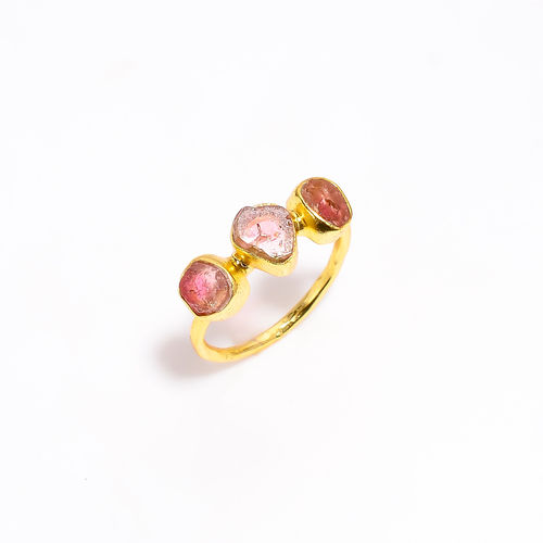 Three Watermelon Tourmaline Gemstone 925 Sterling Silver Gold Plated Ring