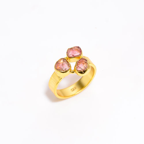 Natural Watermelon Tourmaline Silver Gold Plated Ring