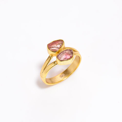 Gold Plated Silver Ring Watermelon Tourmaline Raw Gemstone